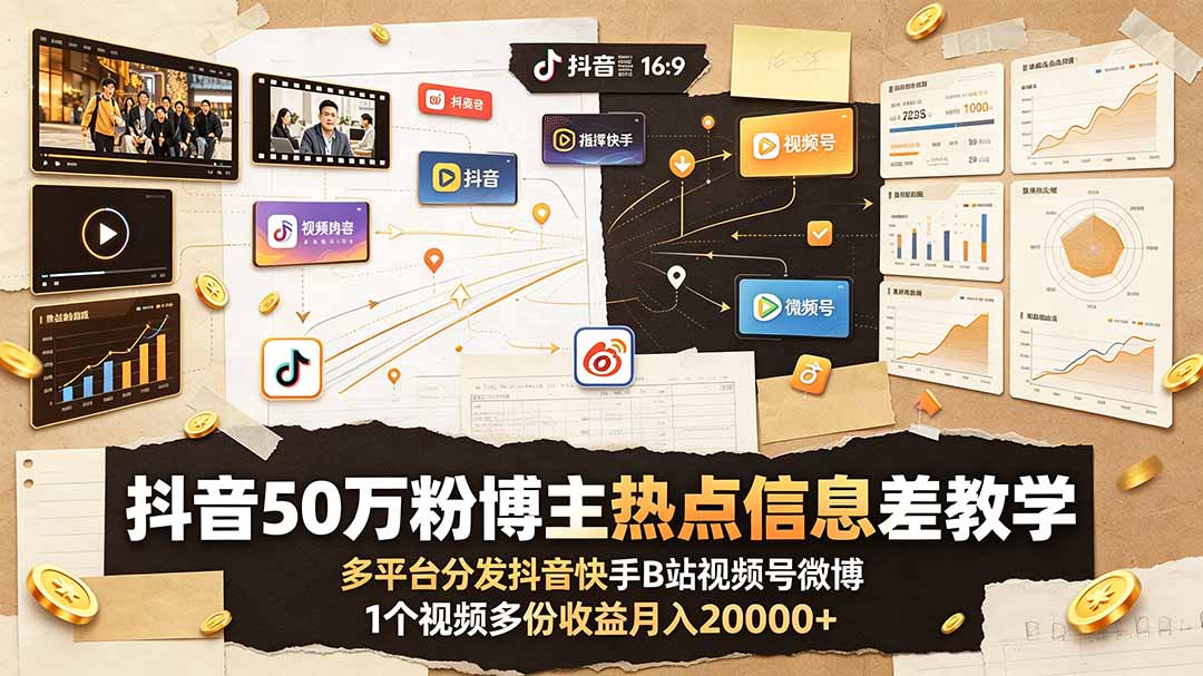 抖音50万粉博主热点信息差教学:多平台分发抖音快手B站视频号微博,1个视频多份收益月入20000+-来聚吧