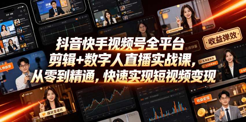 抖音快手视频号全平台剪辑+数字人直播实战课,从零到精通,快速实现短视频变现(更新2026年6月)-来聚吧