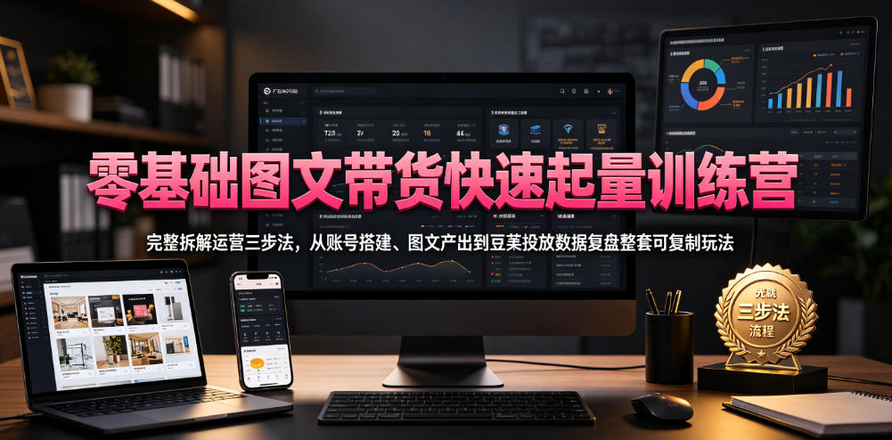 零基础图文带货快速起量训练营,完整拆解运营三步法,从账号搭建、图文产出到豆荚投放数据复盘整套可复制玩法-来聚吧