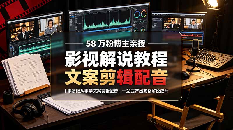 58 万粉博主荧幕春秋亲授影视解说教程|零基础从零学文案剪辑配音,一站式产出完整解说成片-来聚吧