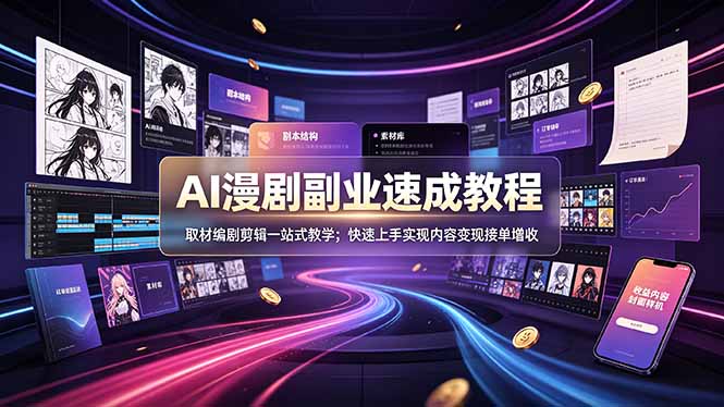 AI漫剧副业速成教程,取材编剧剪辑一站式教学;快速上手实现内容变现接单增收-来聚吧