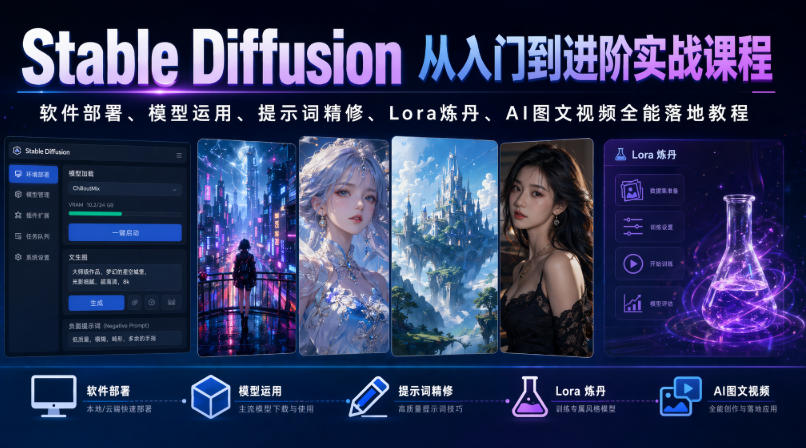 Stable Diffusion从入门到进阶实战课程｜软件部署、模型运用、提示词精修、Lora炼丹、AI图文视频全能落地教程-来聚吧