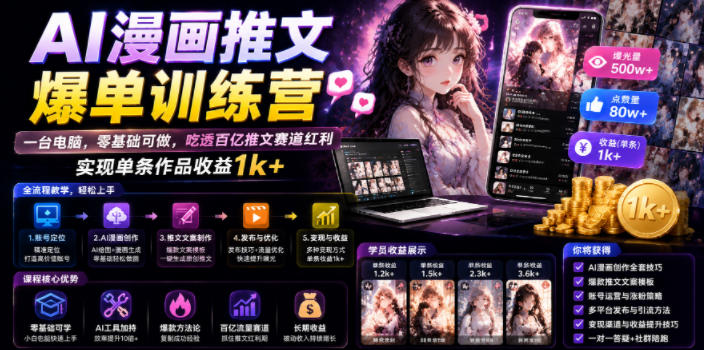 AI漫画推文爆单训练营，一台电脑，零基础可做，吃透百亿推文赛道红利，实现单条作品收益1k+-来聚吧