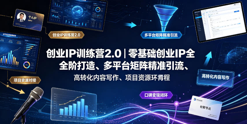 创业IP训练营2.0｜零基础创业IP全阶打造、多平台矩阵精准引流、高转化内容写作、项目资源对接与口碑变现闭环课程-来聚吧