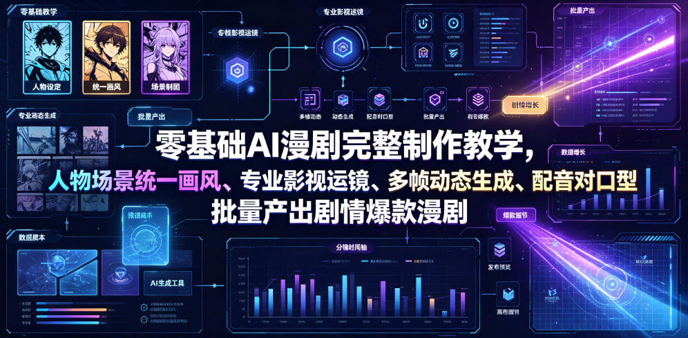 零基础AI漫剧完整制作教学，人物场景统一画风、专业影视运镜、多帧动态生成、配音对口型，批量产出剧情爆款漫剧-来聚吧