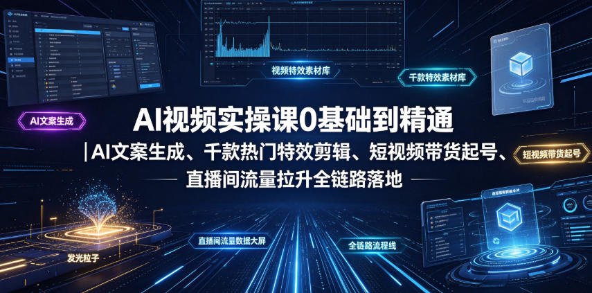 AI视频实操课0基础到精通|AI文案生成、千款热门特效剪辑、短视频带货起号、直播间流量拉升全链路落地-来聚吧