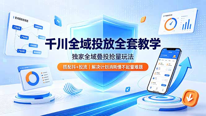 千川全域投放全套教学，独家全域叠投抢量玩法，搭配抖+投流，解决计划消耗慢不起量难题-来聚吧