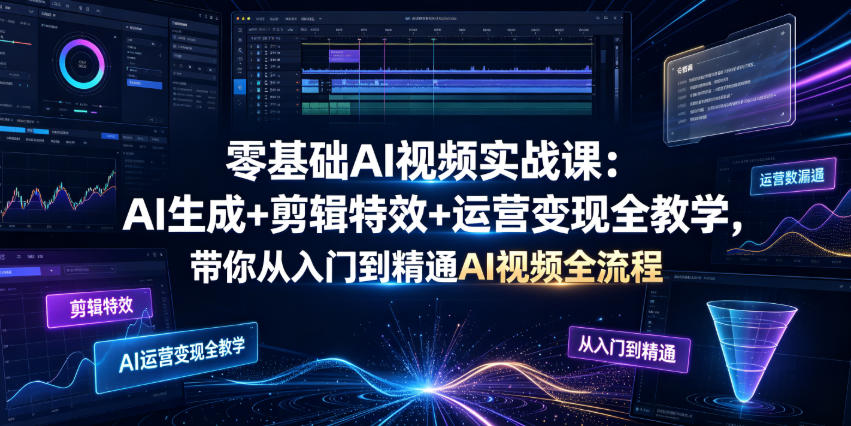 零基础AI视频实战课:AI生成+剪辑特效+运营变现全教学,带你从入门到精通AI视频全流程-来聚吧