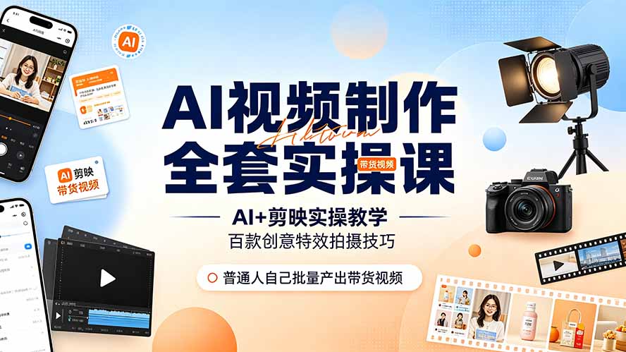 AI视频制作全套实操课,多款AI工具搭配剪映教学,百种特效运镜拍摄实操,抖音账号带货运营全覆盖-来聚吧