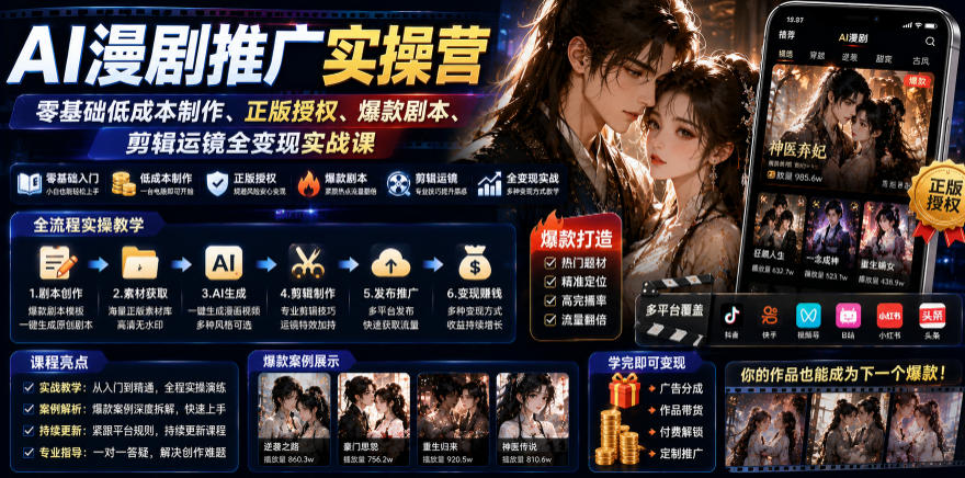 AI漫剧推广实操营|零基础低成本制作、正版授权、爆款剧本、剪辑运镜全变现实战课-来聚吧