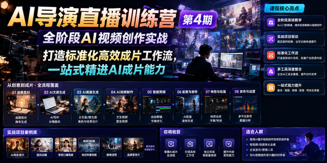 AI导演直播训练营第4期|全阶段AI视频创作实战,打造标准化高效成片工作流,一站式精进AI成片能力-来聚吧