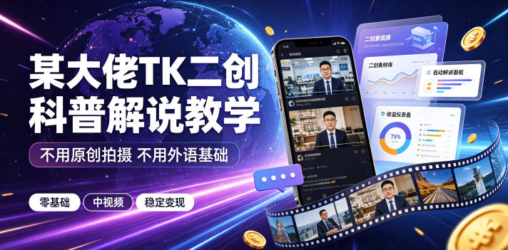 某大佬TK二创科普解说教学,不用原创拍摄不用外语基础,零基础做TikTok中视频稳定变现-来聚吧