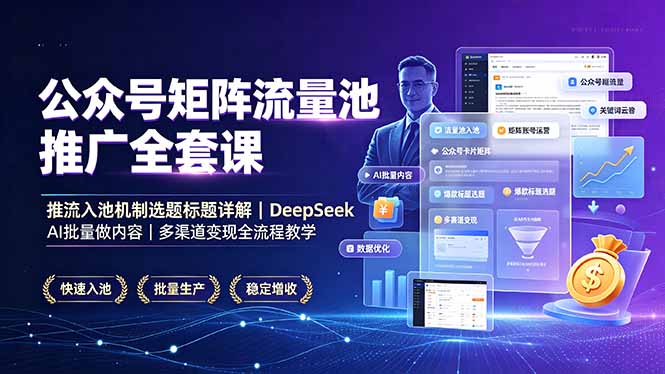 公众号矩阵流量池推广全套课，推流入池机制选题标题详解，DeepSeek AI批量做内容，多渠道变现全流程教学-来聚吧