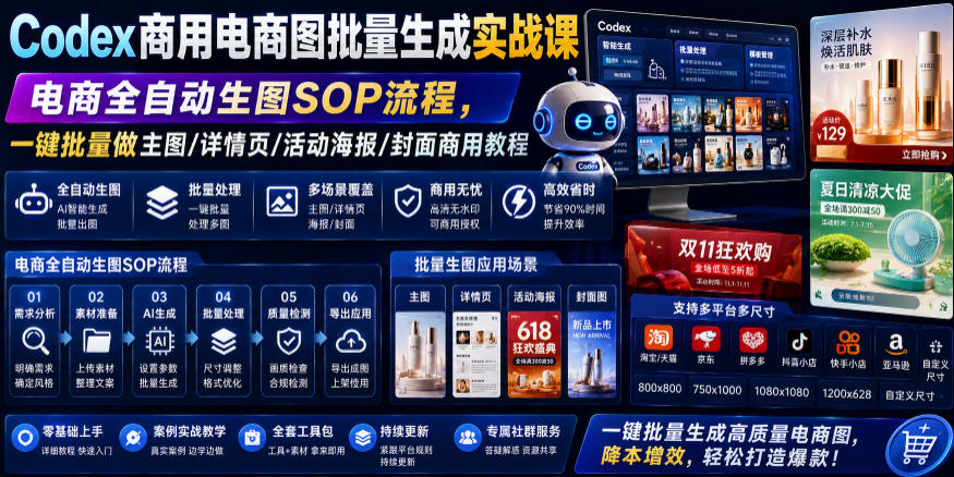 Codex商用电商图批量生成实战课｜电商全自动生图SOP流程，一键批量做主图/详情页/活动海报/封面商用教程-来聚吧