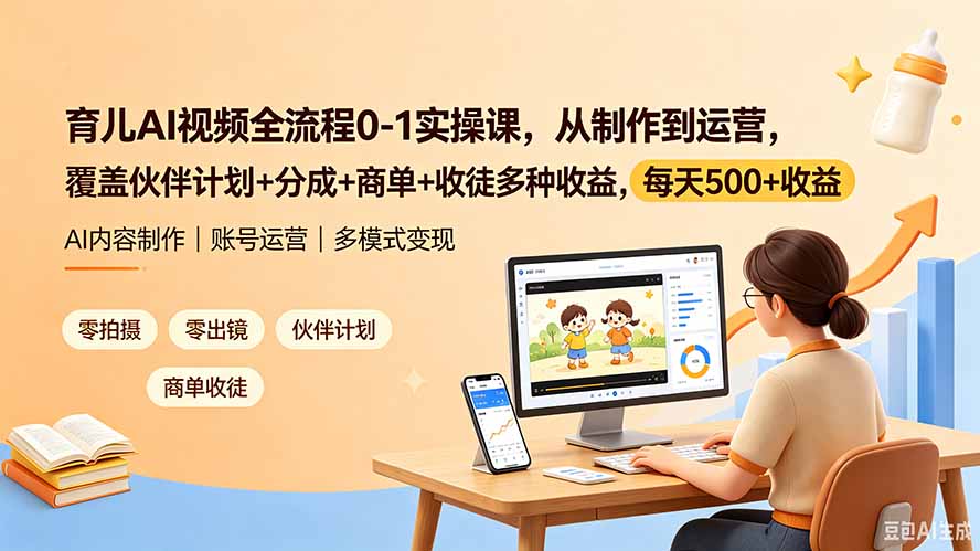 育儿AI视频全流程0-1实操课，从制作到运营，覆盖伙伴计划+分成+商单+收徒多种收益，每天500+收益-来聚吧