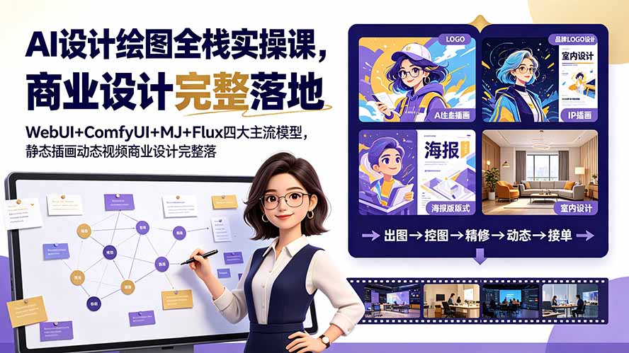 AI设计绘图全栈实操课，WebUI+ComfyUI+MJ+Flux四大主流模型，静态插画动态视频商业设计完整落地教程-来聚吧