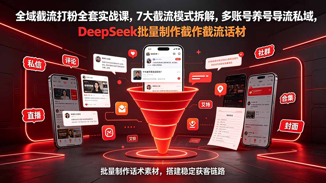 全域截流打粉全套实战课,7大截流模式拆解,多账号养号导流私域,DeepSeek批量制作截流话术素材-来聚吧