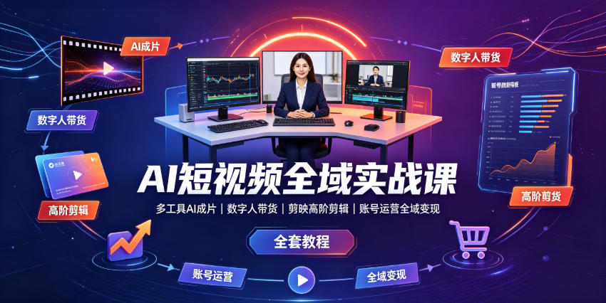 AI短视频全域实战课|多工具AI成片、数字人带货、剪映高阶剪辑、账号运营全域变现全套教程-来聚吧