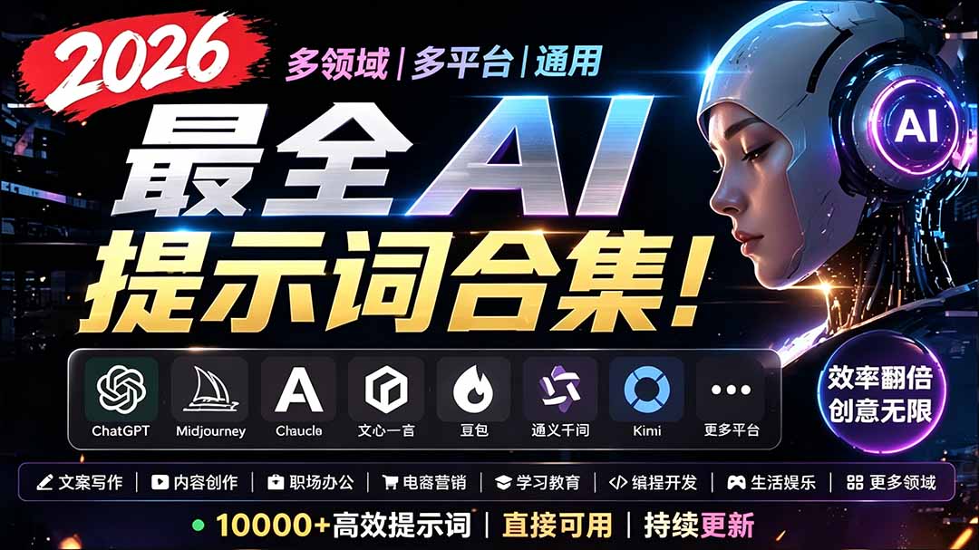 2026最全AI提示词合集！多领域多平台通用，涵盖AI绘画、电商主图、爆款文案，脚本创作等-来聚吧
