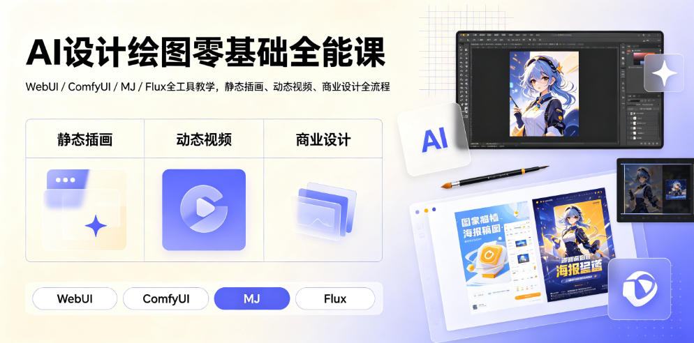 AI设计绘图零基础全能课|WebUI/ComfyUI/MJ/Flux全工具教学,静态插画、动态视频、商业设计全流程-来聚吧