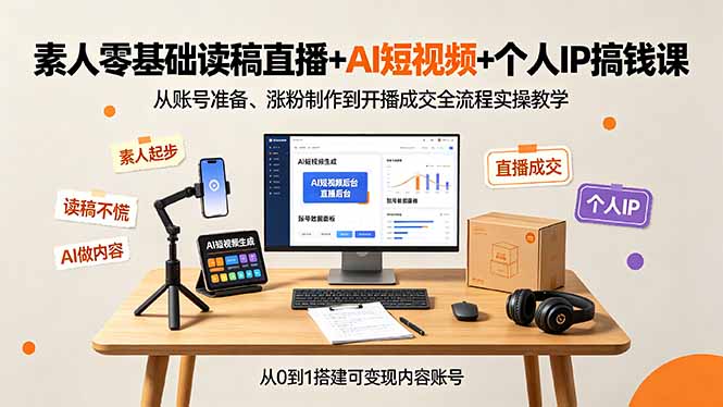 素人零基础读稿直播+AI短视频+个人IP搞钱课,从账号准备、涨粉制作到开播成交全流程实操教学-来聚吧