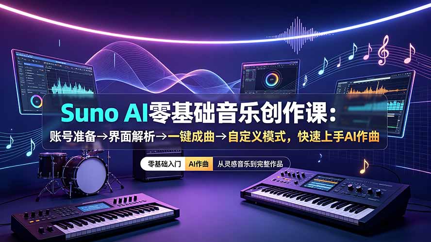 Suno AI零基础音乐创作课:账号准备→界面解析→一键成曲→自定义模式,快速上手AI作曲-来聚吧