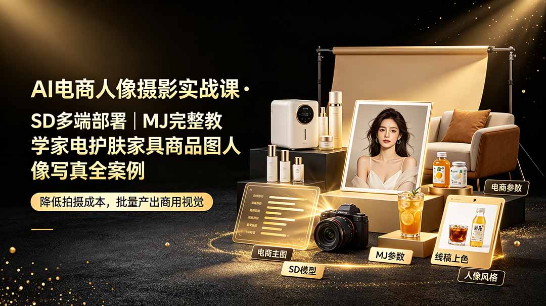 AI电商人像摄影实战课·SD多端部署|MJ完整教学|家电护肤家具商品图人像写真全案例-来聚吧