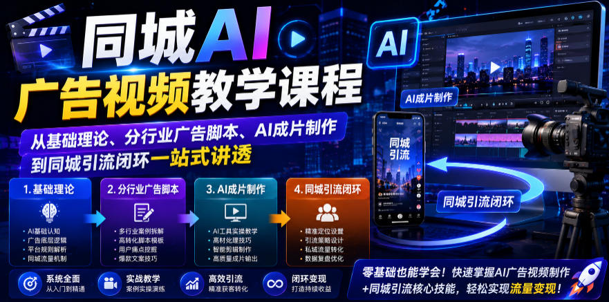 同城AI广告视频教学课程,从基础理论、分行业广告脚本、AI成片制作到同城引流闭环一站式讲透-来聚吧