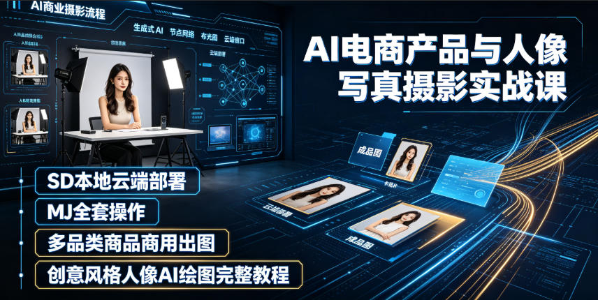 AI电商产品与人像写真摄影实战课|SD本地云端部署、MJ全套操作、多品类商品商用出图、创意风格人像AI绘图完整教程-来聚吧