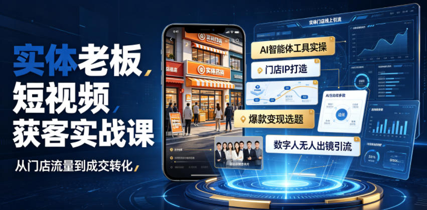 实体老板短视频获客实战课|AI智能体工具全套实操、门店IP打造、爆款变现选题、数字人无人出镜引流完整教程-来聚吧