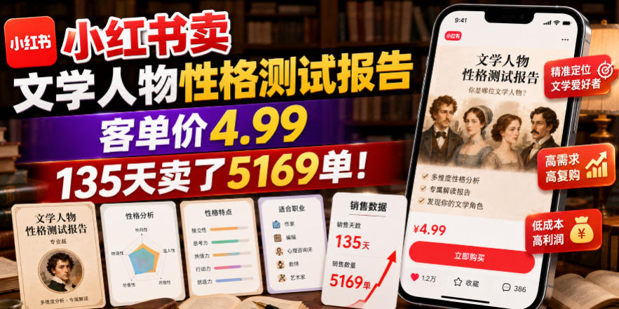 小红书卖文学人物性格测试报告,客单价4.99,135天卖了5169单!-来聚吧