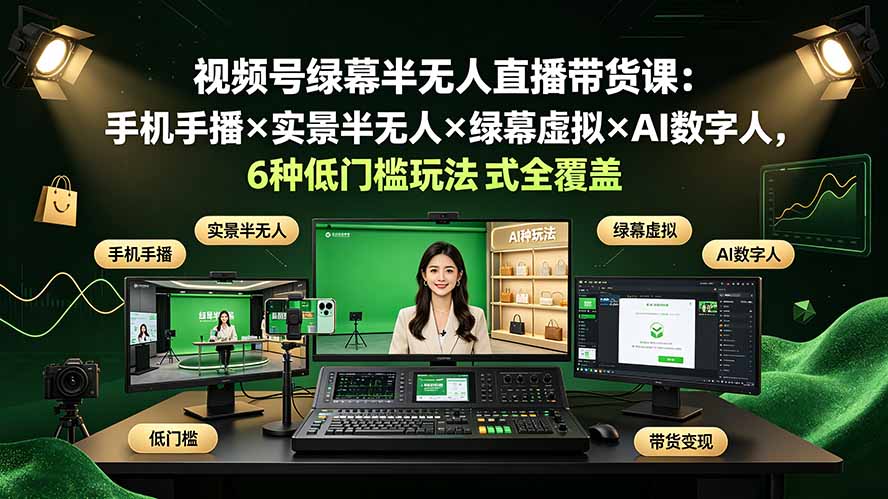 视频号绿幕半无人直播带货课：手机手播×实景半无人×绿幕虚拟×AI数字人，6种低门槛玩法全覆盖-来聚吧