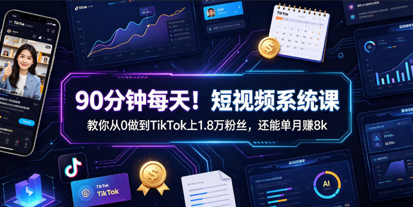 90分钟每天!短视频系统课教你从0做到TikTok上1.8万粉丝,还能单月賺8k【原创双语字幕】-来聚吧