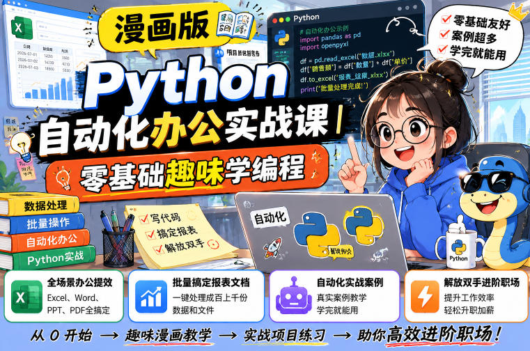 漫画版Python自动化办公实战课｜零基础趣味学编程，全场景办公提效、批量搞定报表文档、解放双手进阶职场-来聚吧