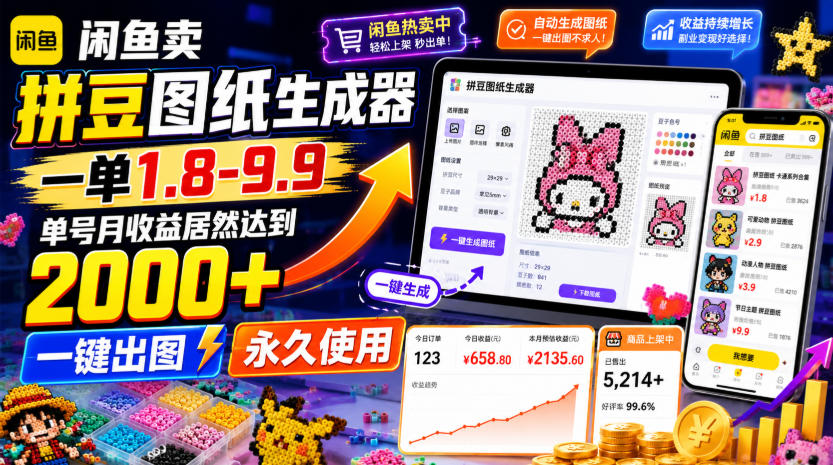 闲鱼卖拼豆图纸生成器，一单1.8-9.9，单号月收益居然达到2000+一键出图永久使用-来聚吧