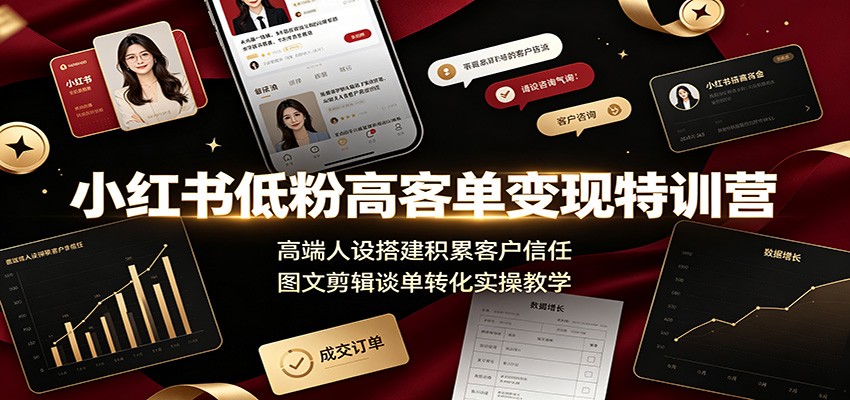 小红书低粉高客单变现特训营:高端人设搭建积累客户信任,图文剪辑谈单转化实操教学-来聚吧