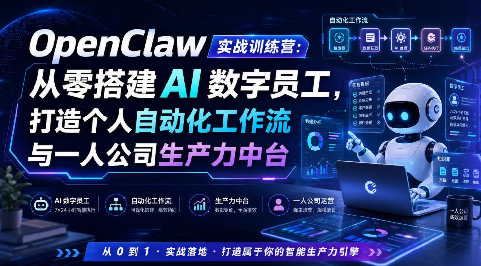 OpenClaw实战训练营:从零搭建AI数字员工,打造个人自动化工作流与一人公司生产力中台-来聚吧
