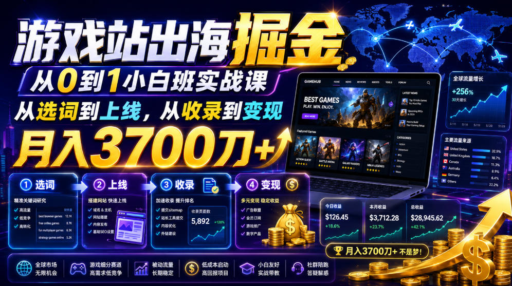 游戏站出海掘金从0到1小白实战课,从选词到上线,从收录到变现,月入3700刀+-来聚吧