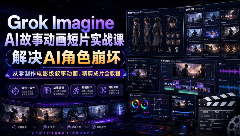 Grok Imagine AI故事动画短片实战课|解决AI角色崩坏,从零制作电影级叙事动画、精剪成片全教程(中英字幕)-来聚吧