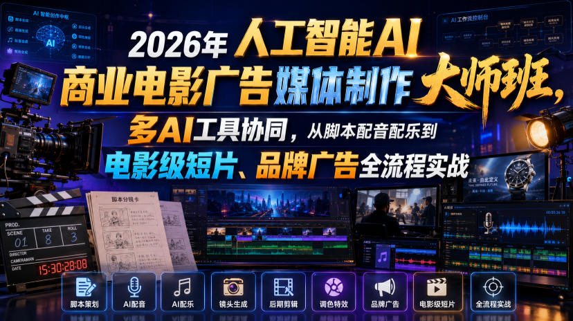 2026年人工智能AI商业电影广告媒体制作大师班,多AI工具协同,从脚本配音配乐到电影级短片、品牌广告全流程实战(中英字幕)-来聚吧