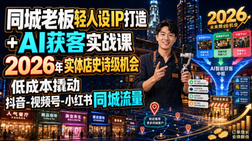 同城老板轻人设IP打造+AI获客实战课，2026年实体店史诗级机会，低成本撬动抖音-视频号-小红书同城流量-来聚吧