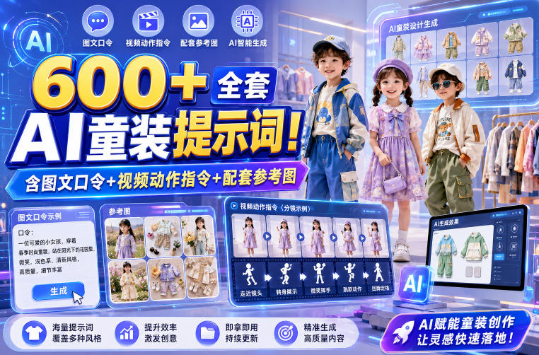 600+全套AI童装提示词！含图文口令+视频动作指令+配套参考图，Word-Excel规整分类，童装电商、种草无脑量产内容！-来聚吧