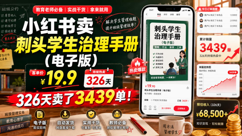 小红书卖刺头学生治理手册(电子版)，客单价19.9，326天卖了3439单！-来聚吧