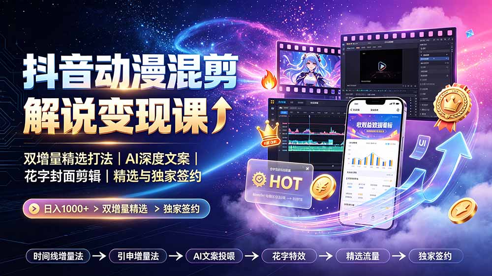 抖音动漫混剪解说变现课：双增量精选打法｜AI深度文案｜花字封面剪辑｜ 精选与独家签约日入1000+-来聚吧
