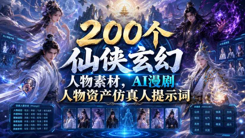 200个仙侠玄幻人物素材,AI漫剧人物资产仿真人提示词-来聚吧