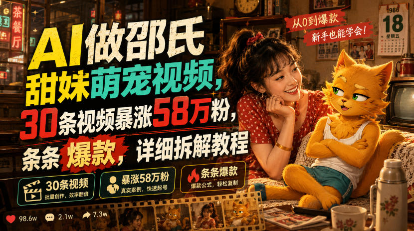AI做邵氏甜妹萌宠视频，30条视频暴涨58万粉，条条爆款，详细拆解教程-来聚吧