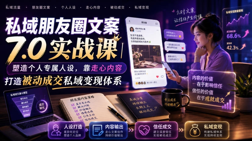 私域朋友圈文案7.0实战课|塑造个人专属人设,靠走心内容打造被动成交私域变现体系-来聚吧