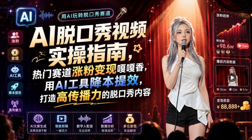 AI脱口秀视频实操指南,热门赛道涨粉变现嘎嘎香,用AI工具降本提效,打造高传播力的脱口秀内容-来聚吧