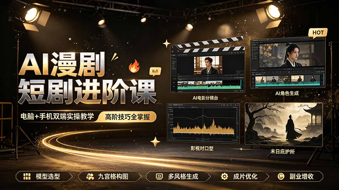 AI漫剧短剧进阶课｜电脑+手机双端实操教学｜影视剧对口型人物吃瓜×解压末日庇护所全程讲解，高阶技巧全掌握-来聚吧