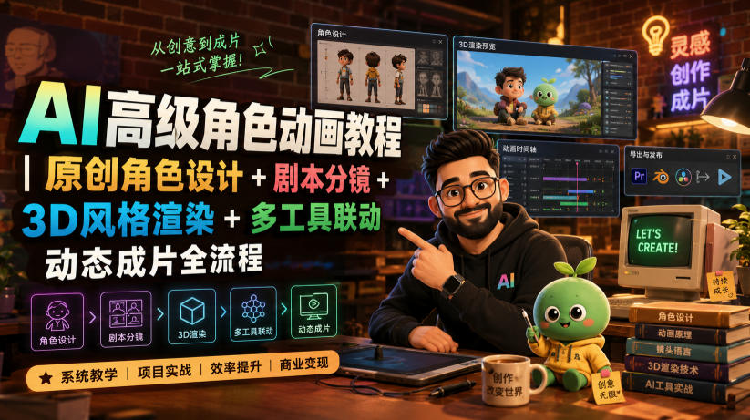 AI高级角色动画教程|原创角色设计+剧本分镜+3D风格渲染+多工具联动动态成片全流程【中英字幕】-来聚吧